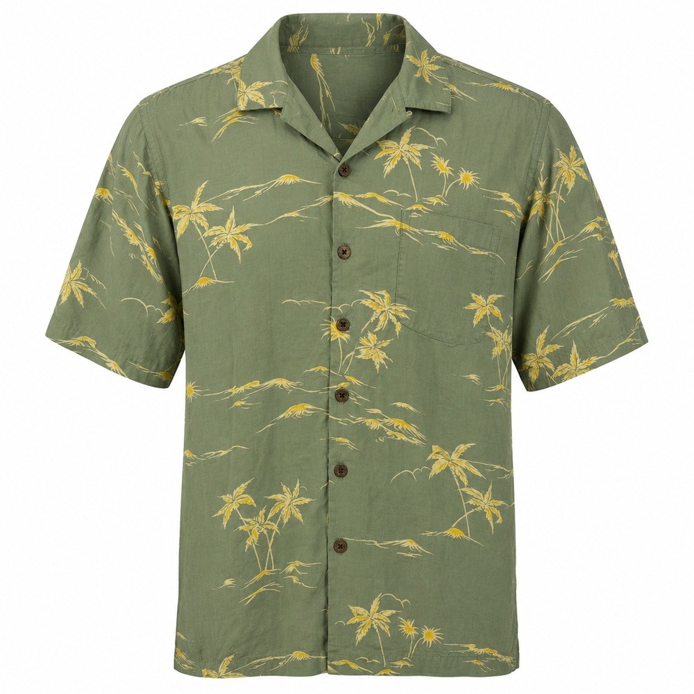 Hilo Hattie Mens Silk Hawaiian Shirt Sage Green Palm Tree Tropical Aloha Large